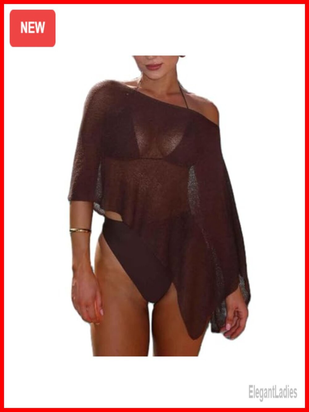 Sheer Knit Poncho Top Lightweight Acrylic Blend One Shoulder Cover Up